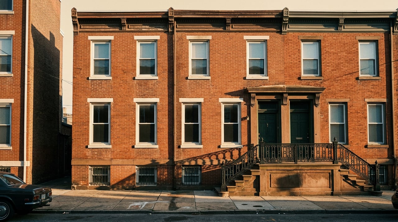 Brownstone row house with green-trimmed bay window and stoop crossed by long shadows.