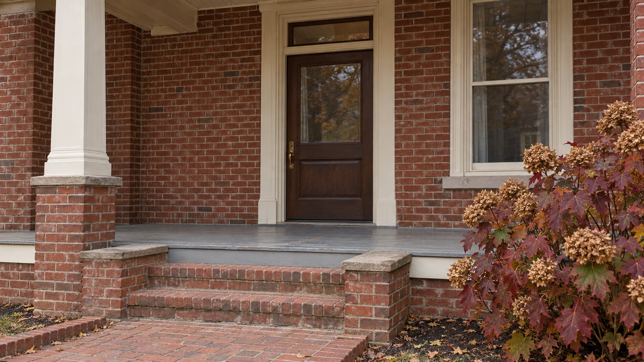 Weathered red brick home entrance with a cream timber porch, glazed wooden door, brick steps, and burgundy oakleaf hydrangea.