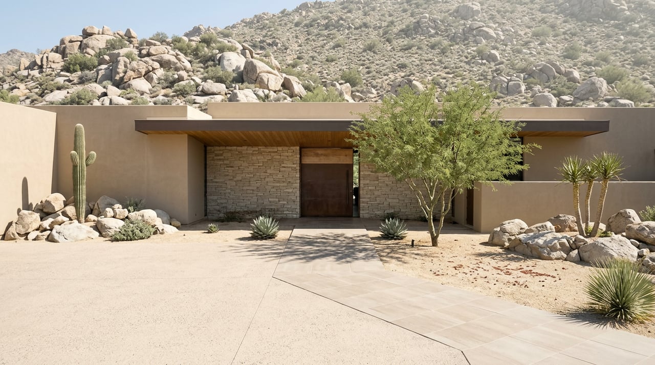 Single-story desert home with a stacked-stone entry, diagonal paver path, saguaro, and rocky slope behind.