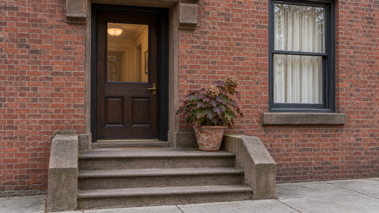 Weathered red-brick townhouse entrance with a dark wood door, sandstone steps, tall sash window, and one potted oakleaf hydrangea.