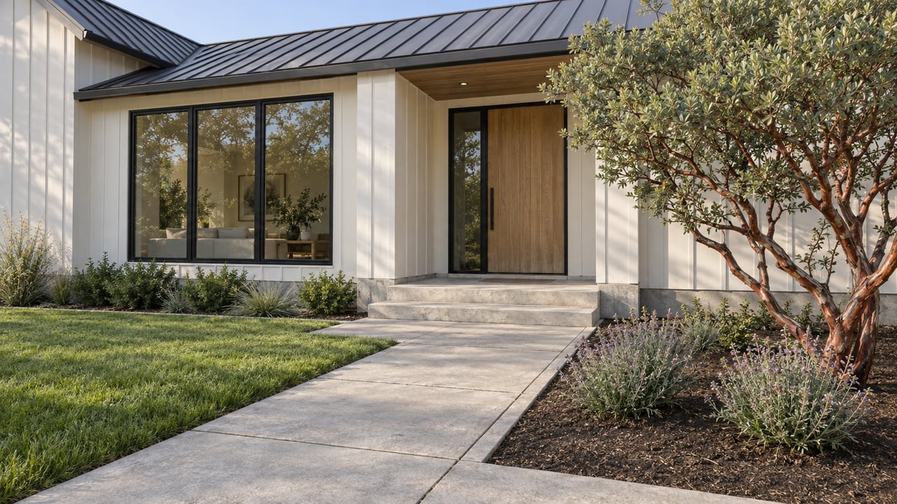 Light board-and-batten home with a sheltered oak entrance, black-framed glazing, limestone steps, and a manzanita garden beside a broad concrete approach.