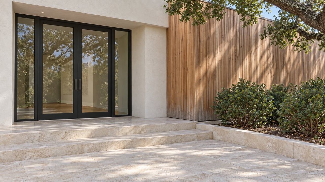 A recessed glass entry beside weathered cedar and white stucco, with limestone steps and sculptural shrubs beneath an oak branch.