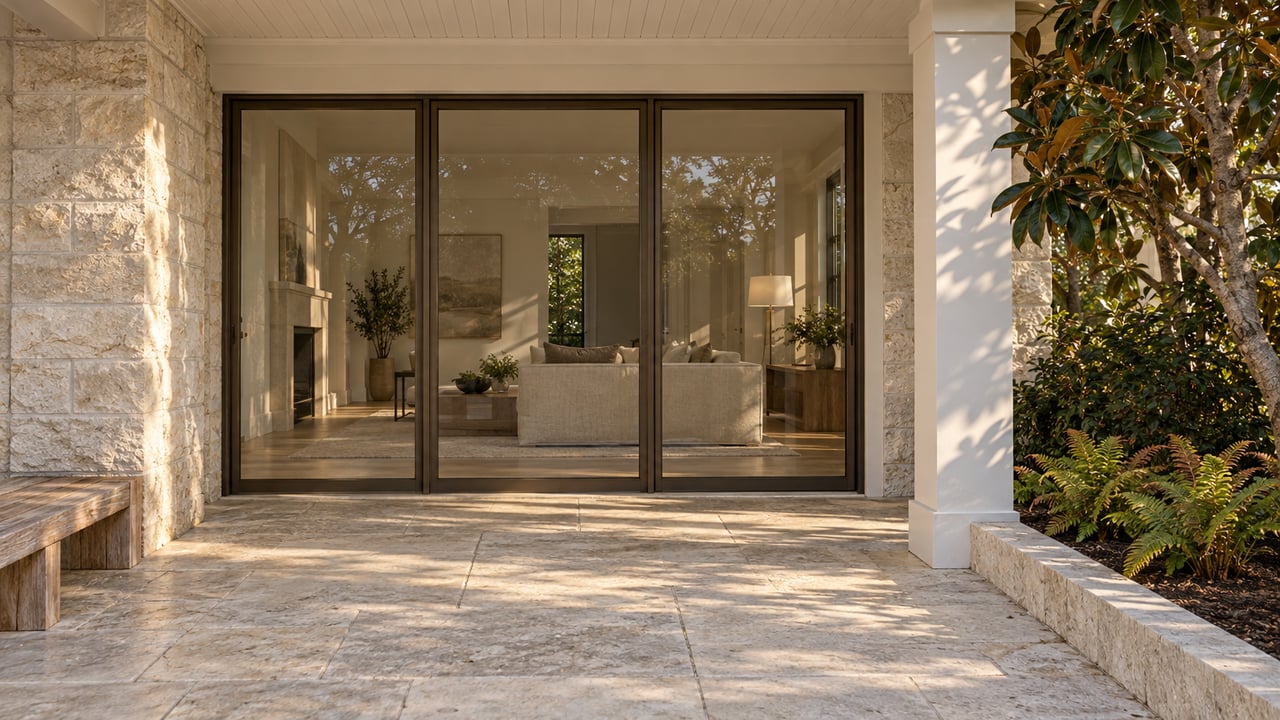 Cream stone and white-painted porch framing surround bronze-framed glass doors above a limestone terrace, beside a magnolia and planted ferns.