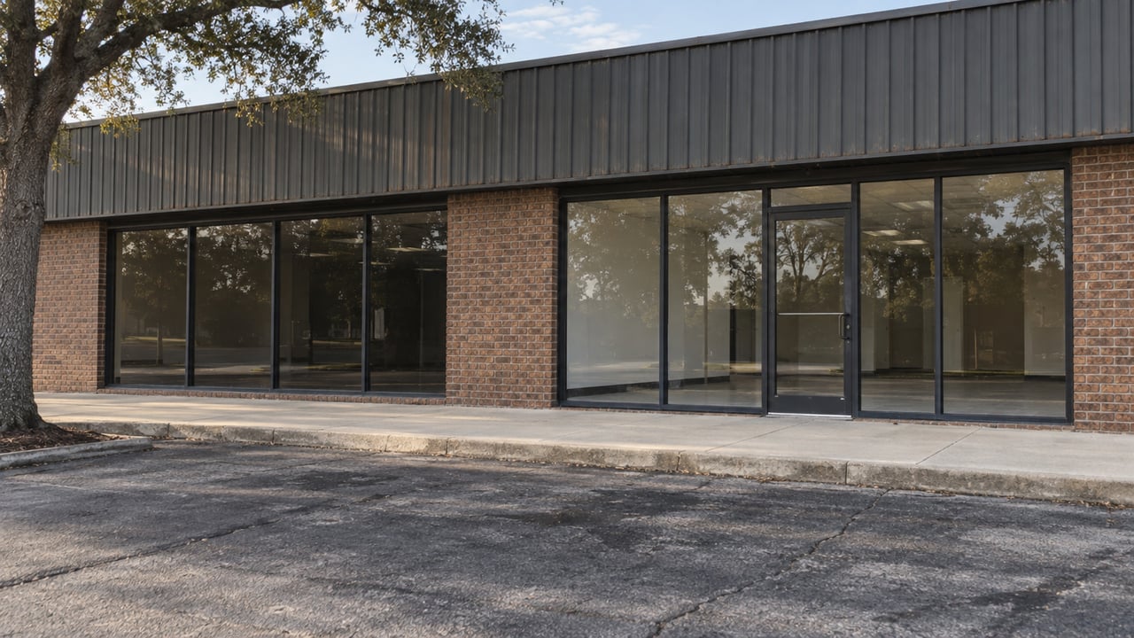 Former retail building with brick piers, two glazed storefront bays, and a broad worn asphalt apron.