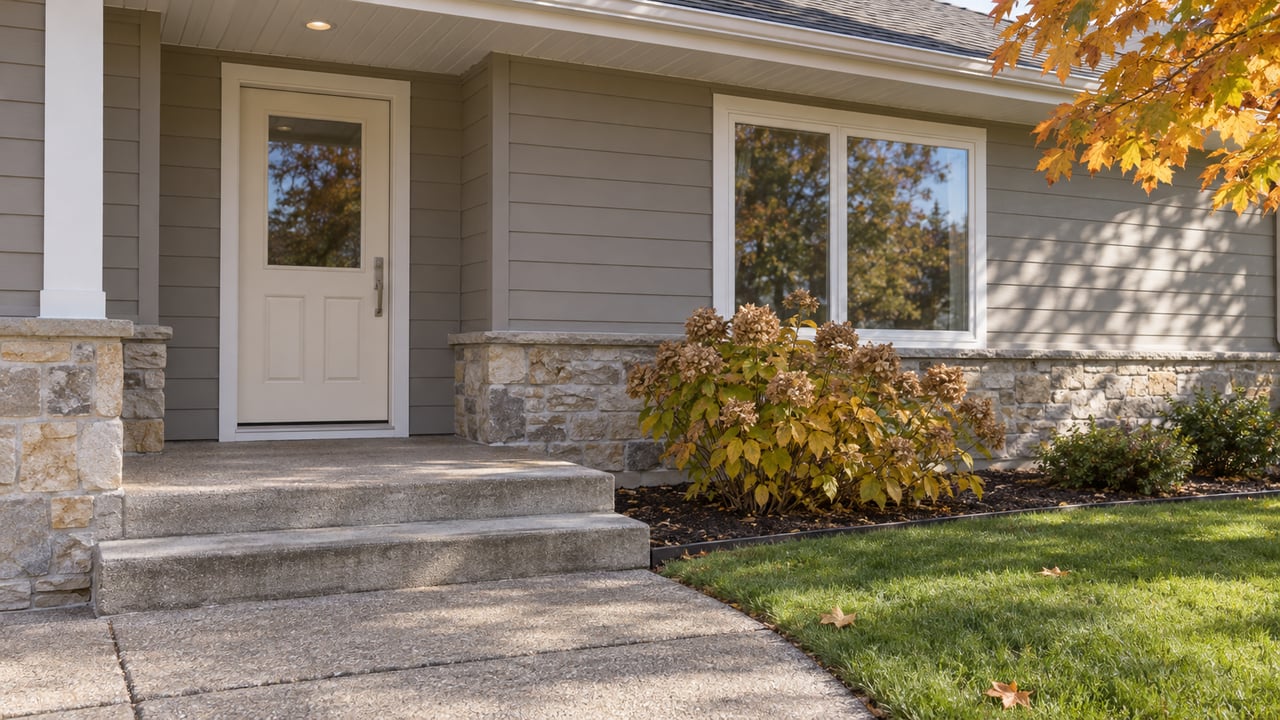 Autumn light across a ranch home's cream front door, gray siding, stone foundation, and concrete entry steps.