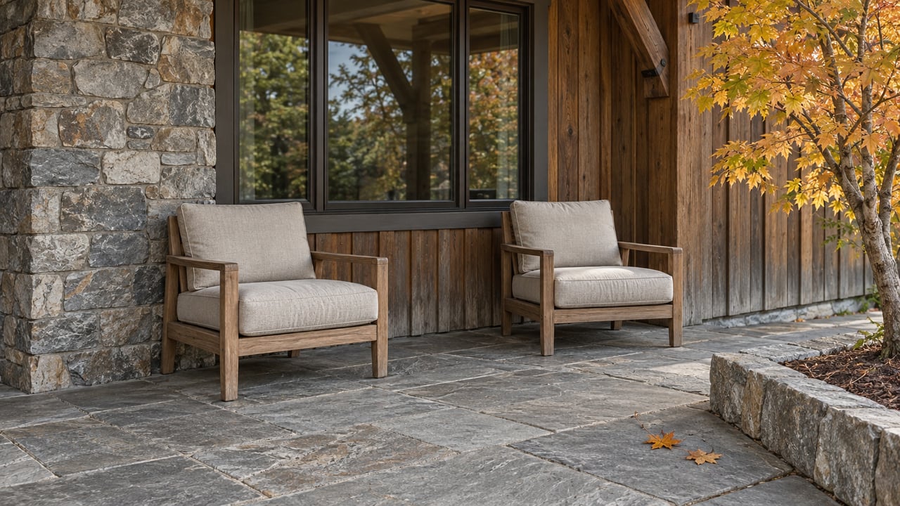 Two teak armchairs on a gray stone porch beside a quartzite chimney, cedar siding and an amber-leaved maple.