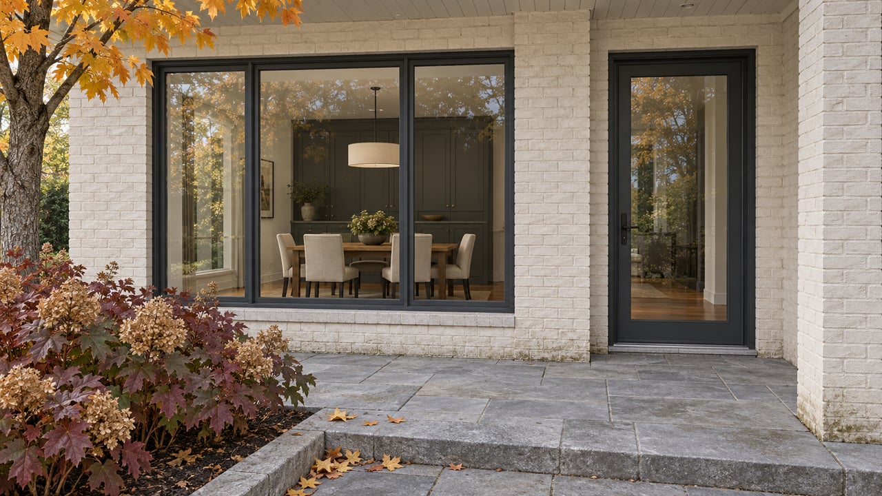 An ivory brick home's glazed dining bay opens onto a limestone terrace beside amber maple leaves and burgundy oakleaf hydrangeas.