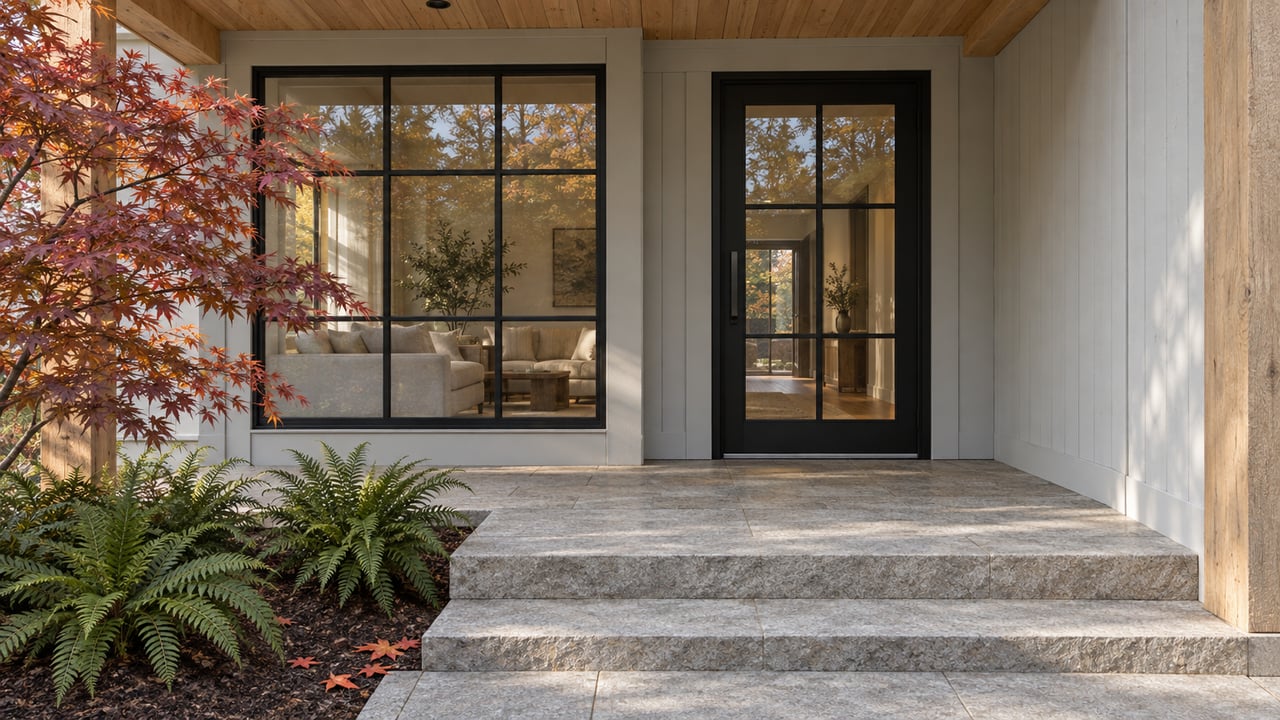 Covered entry with oak beams, black-framed glazing, granite steps, and copper-red maple foliage.