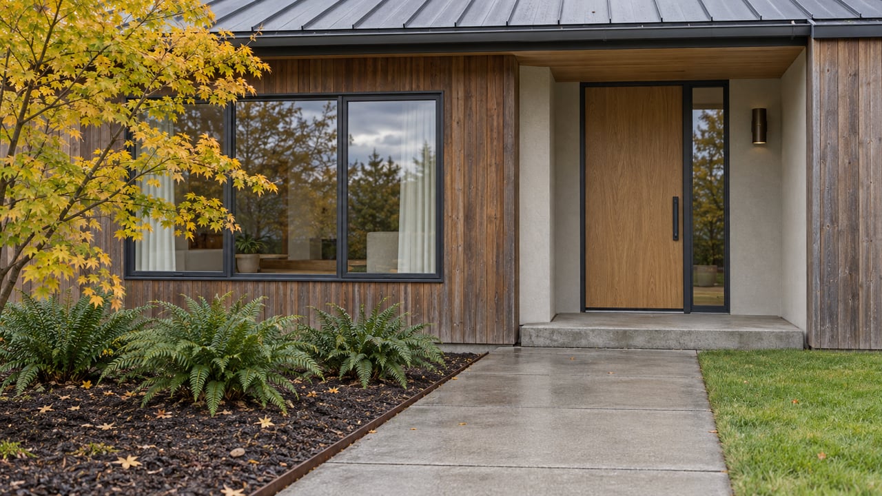 Cedar-clad home entrance with an oak door, broad windows, concrete approach and a vine maple beside sword ferns.