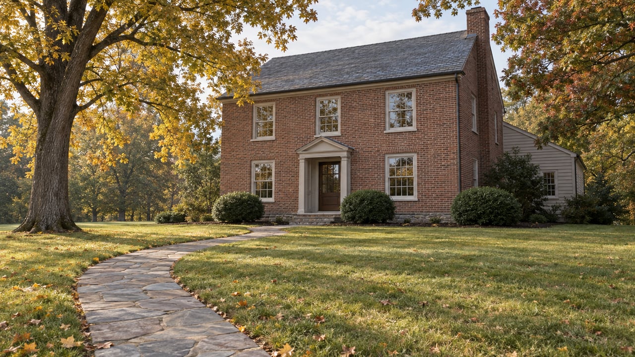 Brick house set beyond a broad lawn, with a curved stone path and sparse golden leaves on a maple.