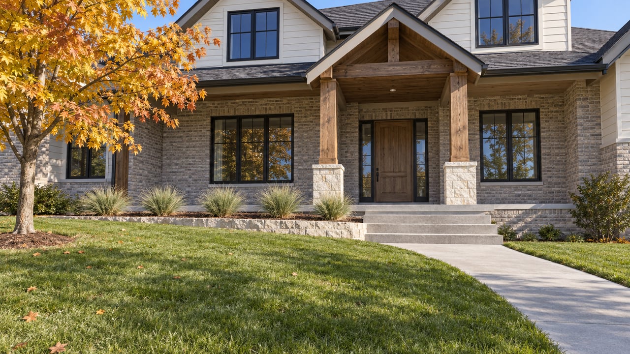 A brick and cream-sided home with timber porch posts, a gently rising lawn, and a maple turning autumn colors.