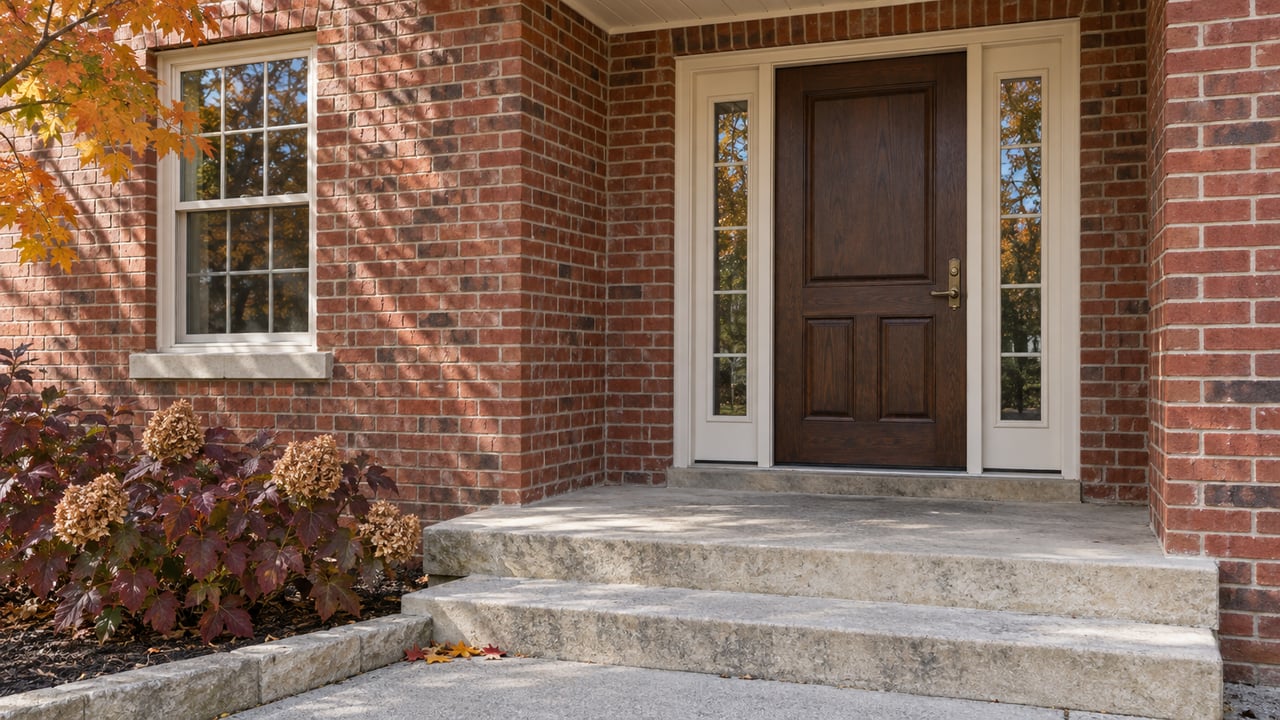 Red brick home entrance with an oak door, matching glazed sidelights, limestone steps, and autumn maple leaves.