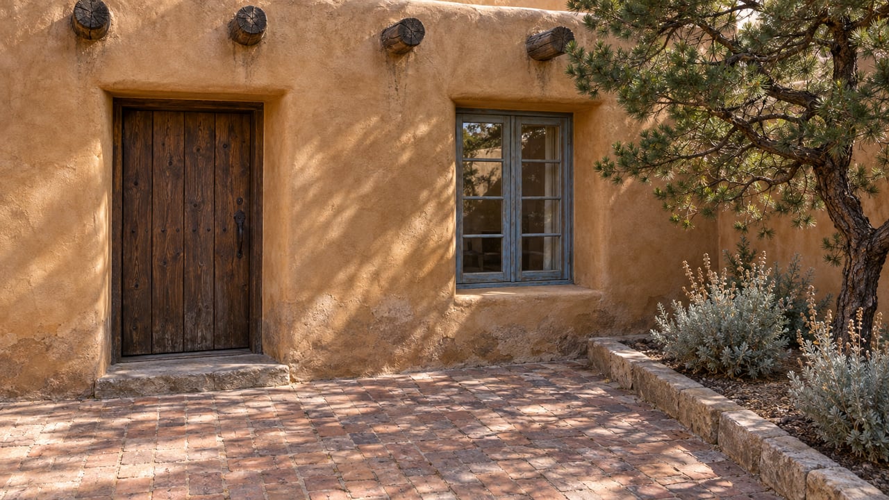 Sunlit ochre earthen entry facade with a weathered timber door, blue-gray casement window, brick approach, and sculptural pinyon pine.