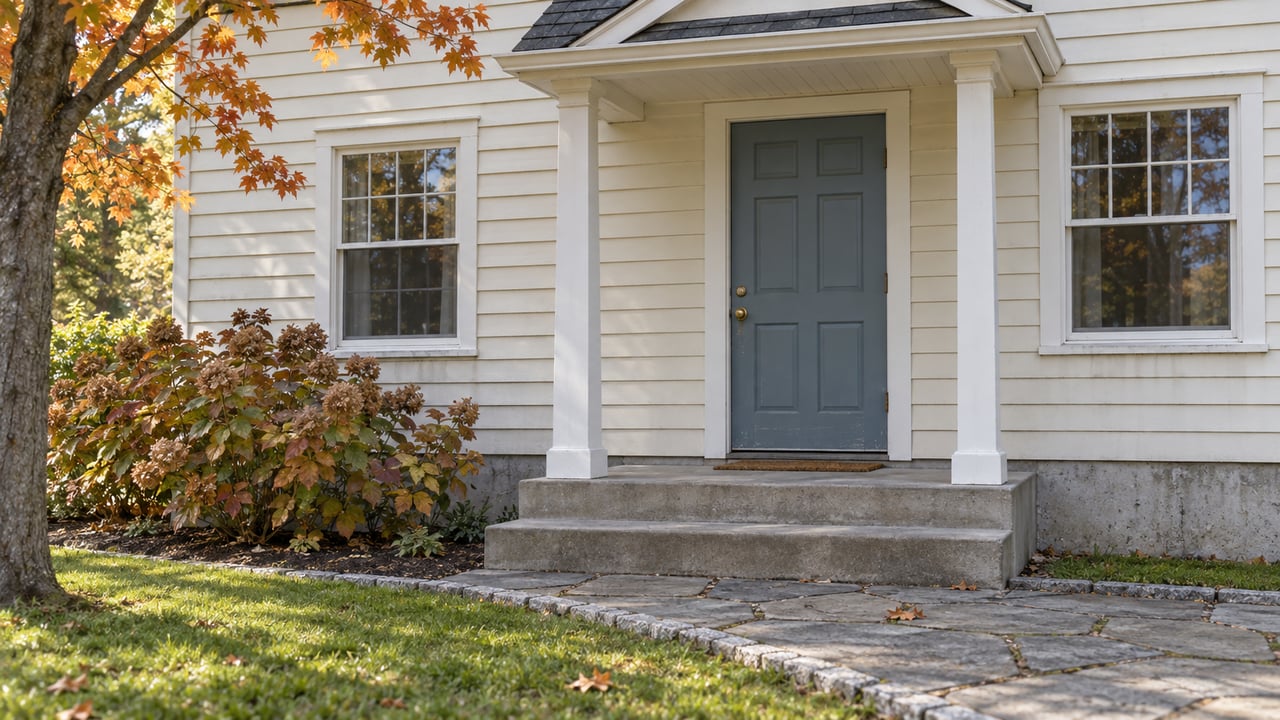 A light-clapboard house entrance with a blue-gray door, paired windows, concrete steps and exposed foundation beside autumn planting.