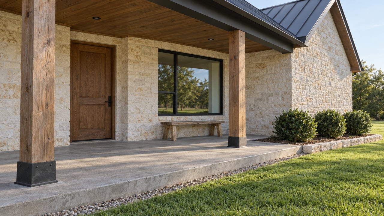 A limestone home's shaded porch with cedar posts, a closed oak door, black-framed window and a sunlit lawn.