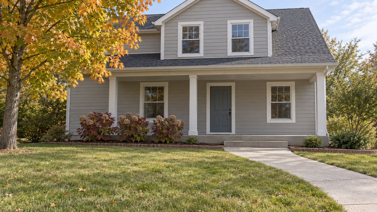 Pale-gray two-story home with a covered concrete porch, broad autumn lawn, and a yellowing sugar maple.