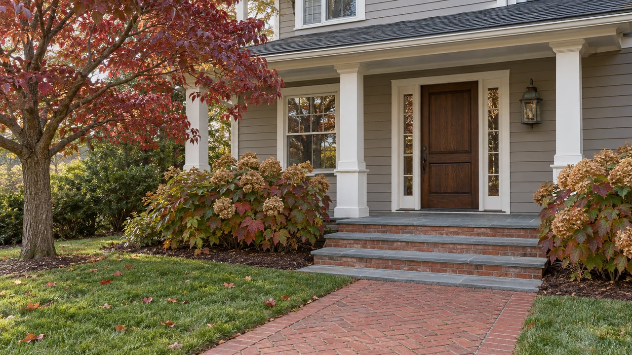 Brick garden walk leads to a bluestone porch with a dark wood door, gray clapboard siding and burgundy dogwood leaves.