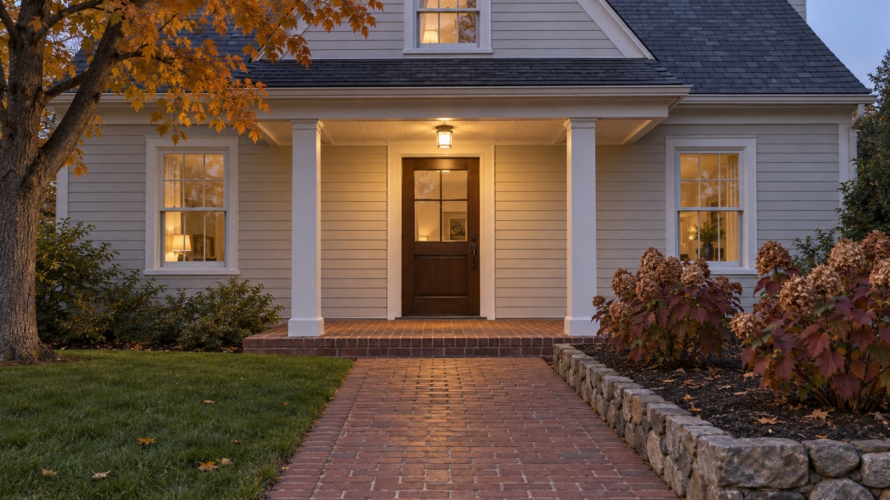 Pale clapboard home at dusk with a warmly lit covered entry, brick walk, oakleaf hydrangeas and amber maple foliage.