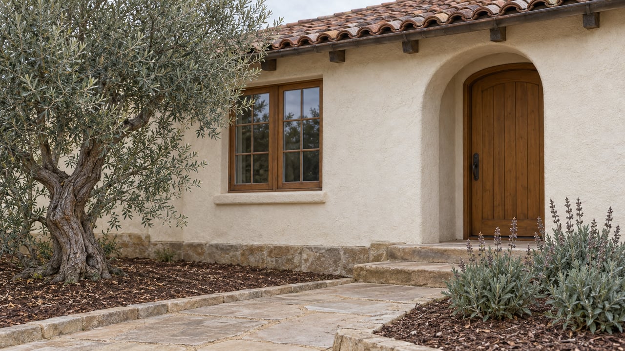 A sandstone path leads through an olive-planted garden to a cream stucco cottage with a clay tile roof and recessed wood front door.
