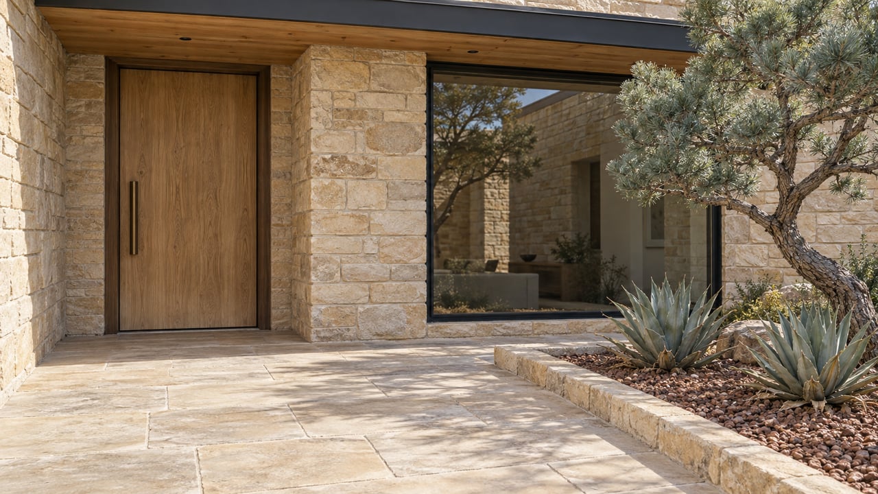 Sunlit sandstone entry terrace with a recessed oak door, broad dark-framed window and sculptural singleleaf pinyon beside two small agaves.