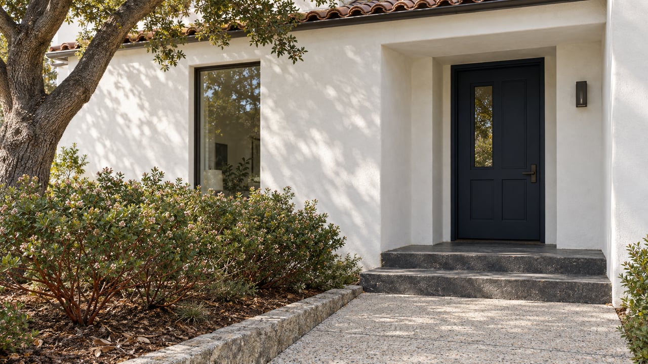 White stucco home with a recessed navy door, charcoal stone steps and mature oak beside a planted front approach.