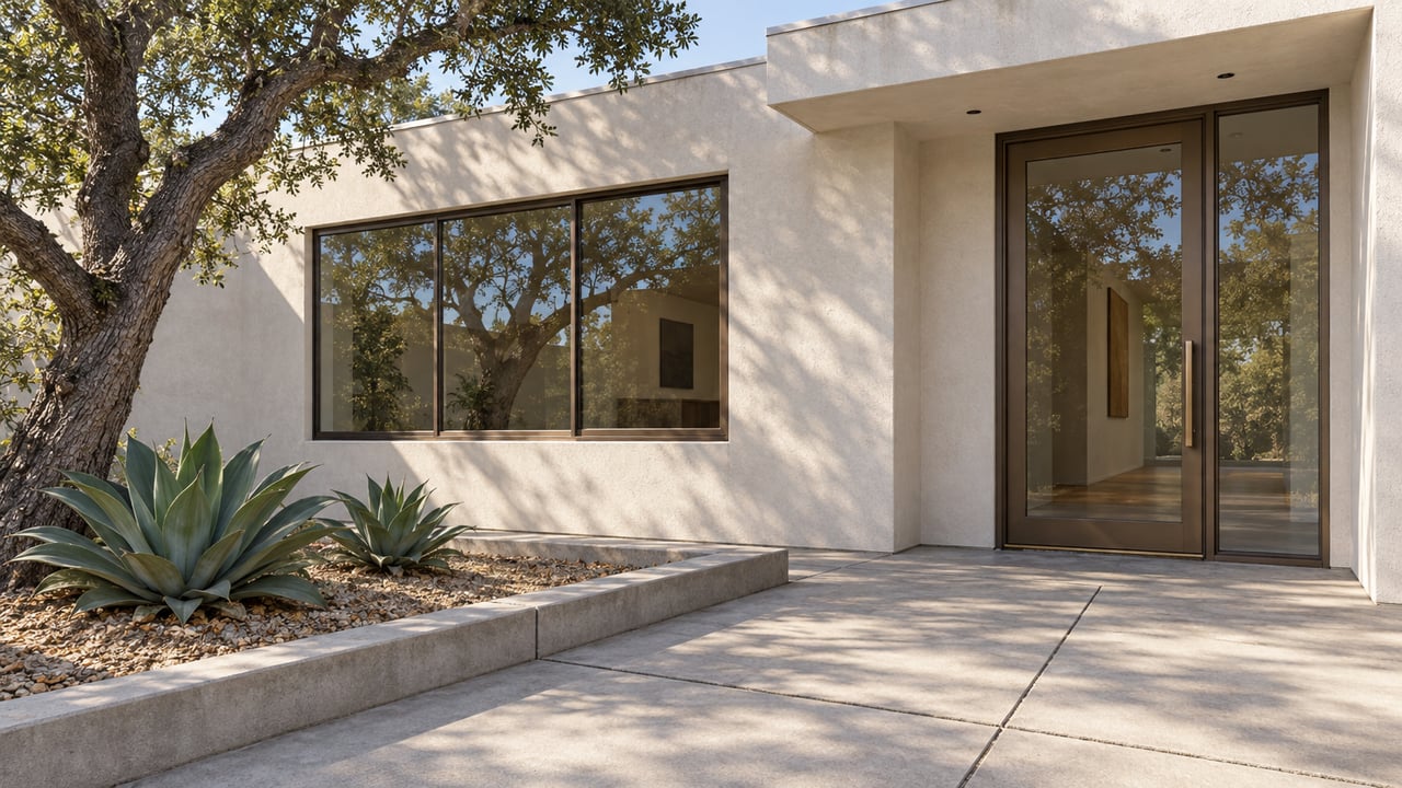 Light stucco home with bronze-framed glass entry, a broad concrete landing, and an oak above two sculptural agaves.