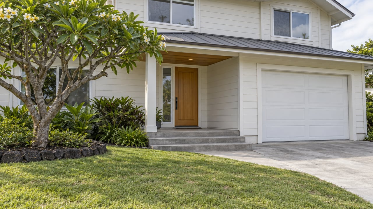 A sunlit detached home with off-white siding, a wood-lined covered entry, a concrete approach and a flowering plumeria beside the lawn.