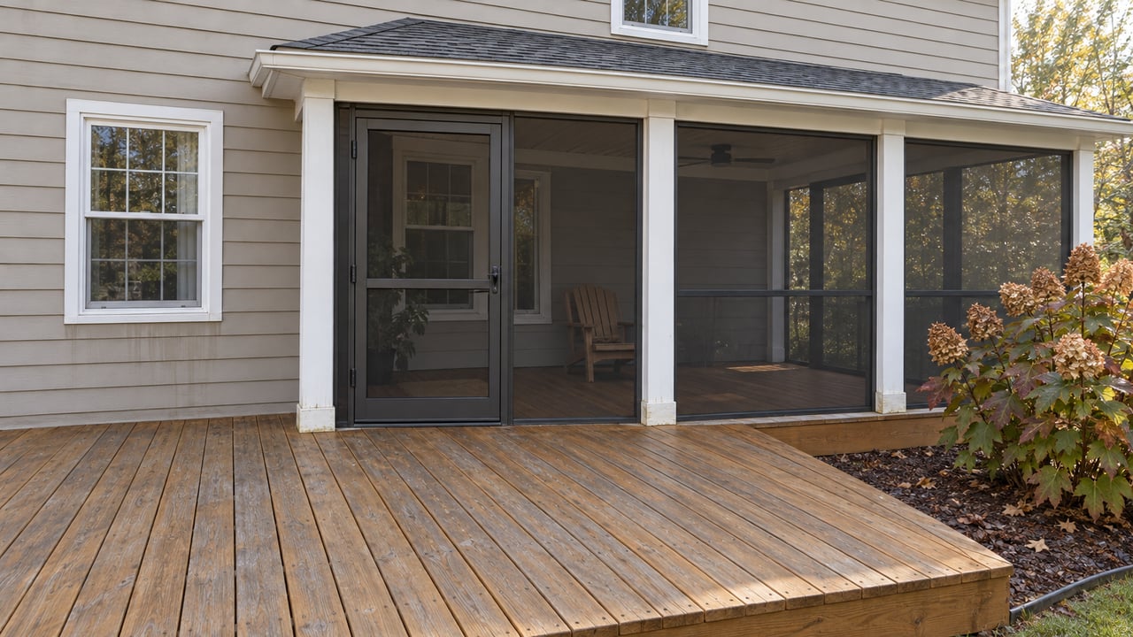 Weathered amber deck beside a tan-sided home with a screened porch and an oakleaf hydrangea in an edged mulch bed.