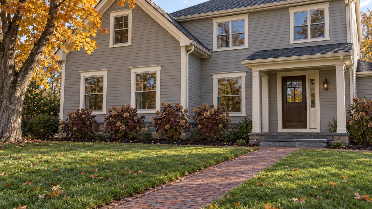 Autumn light on a gray clapboard home with a recessed entry, brick approach, amber maple and burgundy oakleaf hydrangeas.