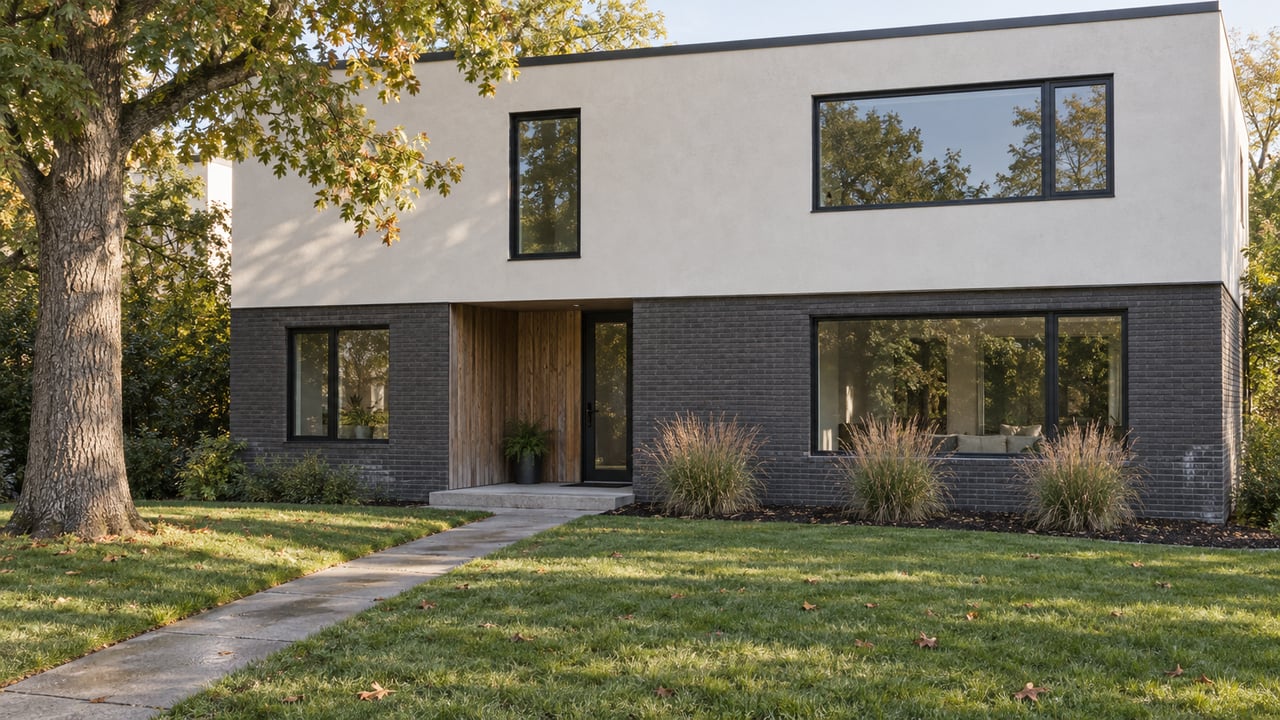 Two-story contemporary home beyond a broad lawn, with a recessed cedar entry and mature oak at left.