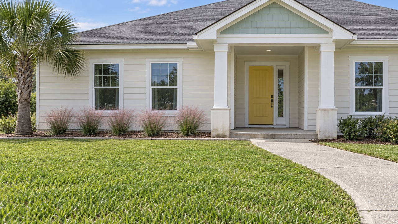 Pale lap-sided home with a yellow front door, gray shingle roof, deep lawn, and pink flowering grasses beside the covered porch.