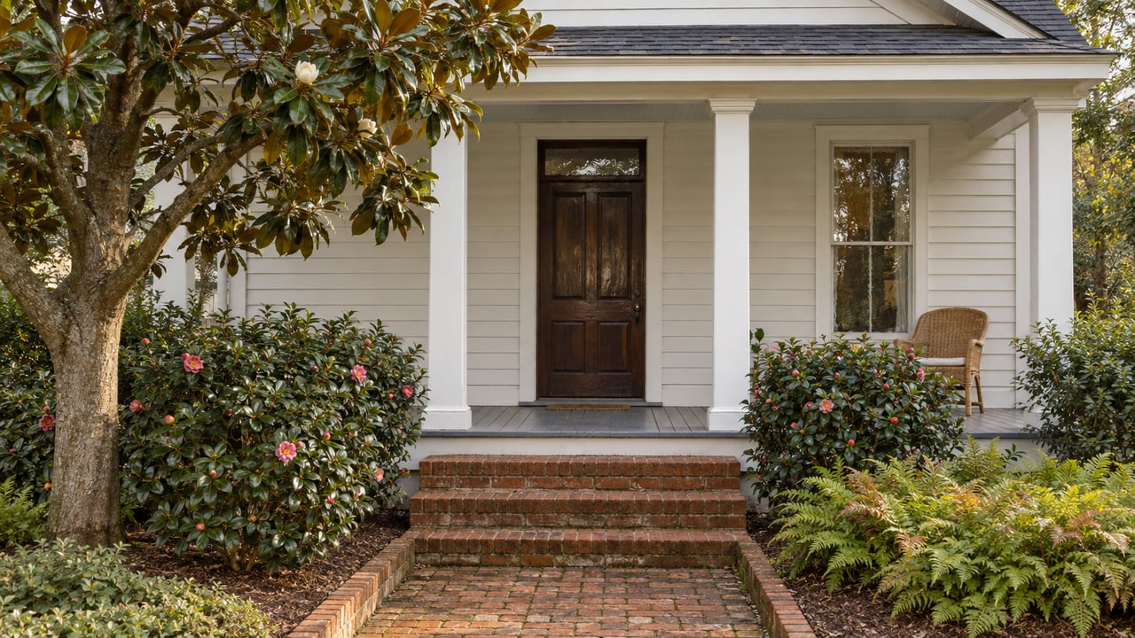 A warm-white clapboard home with a covered wood porch, brick steps and a mature magnolia beside a planted front garden.