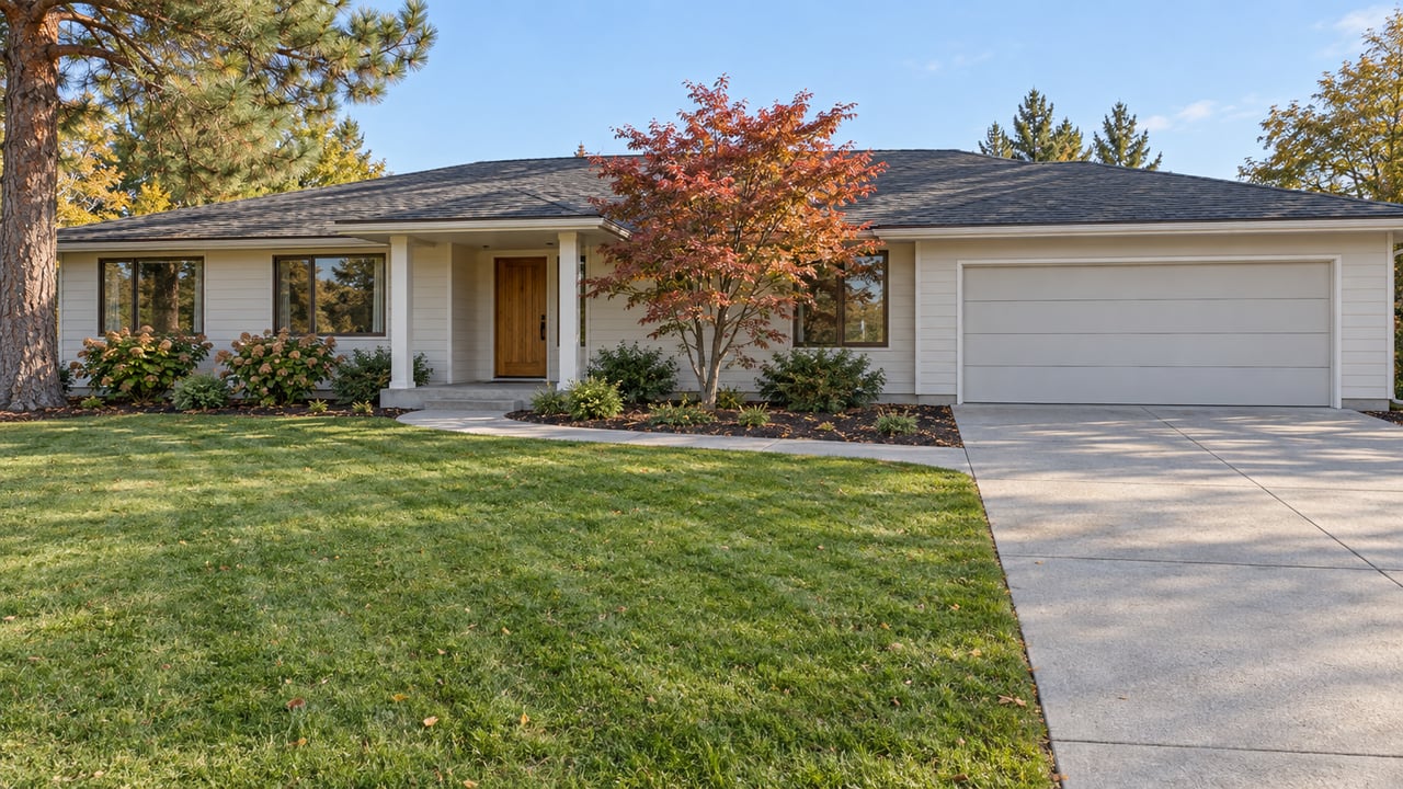 Updated ranch house behind a deep green lawn, with a broad concrete driveway, mature pine and autumn-colored maple beside the sheltered entry.