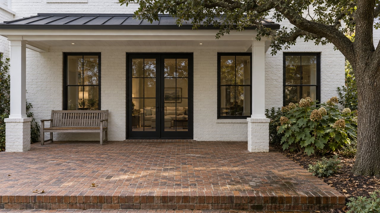 White painted-brick home with black-framed windows and closed glass doors opening onto a brick terrace beside a mature live oak and oakleaf hydrangeas.