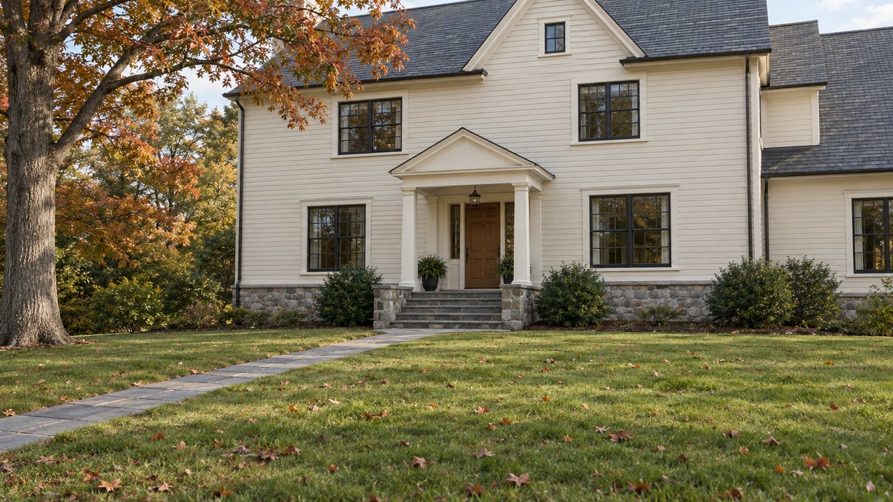 Ivory clapboard house with a slate-gray roof, stone foundation, deep sloping lawn, and bluestone walkway.