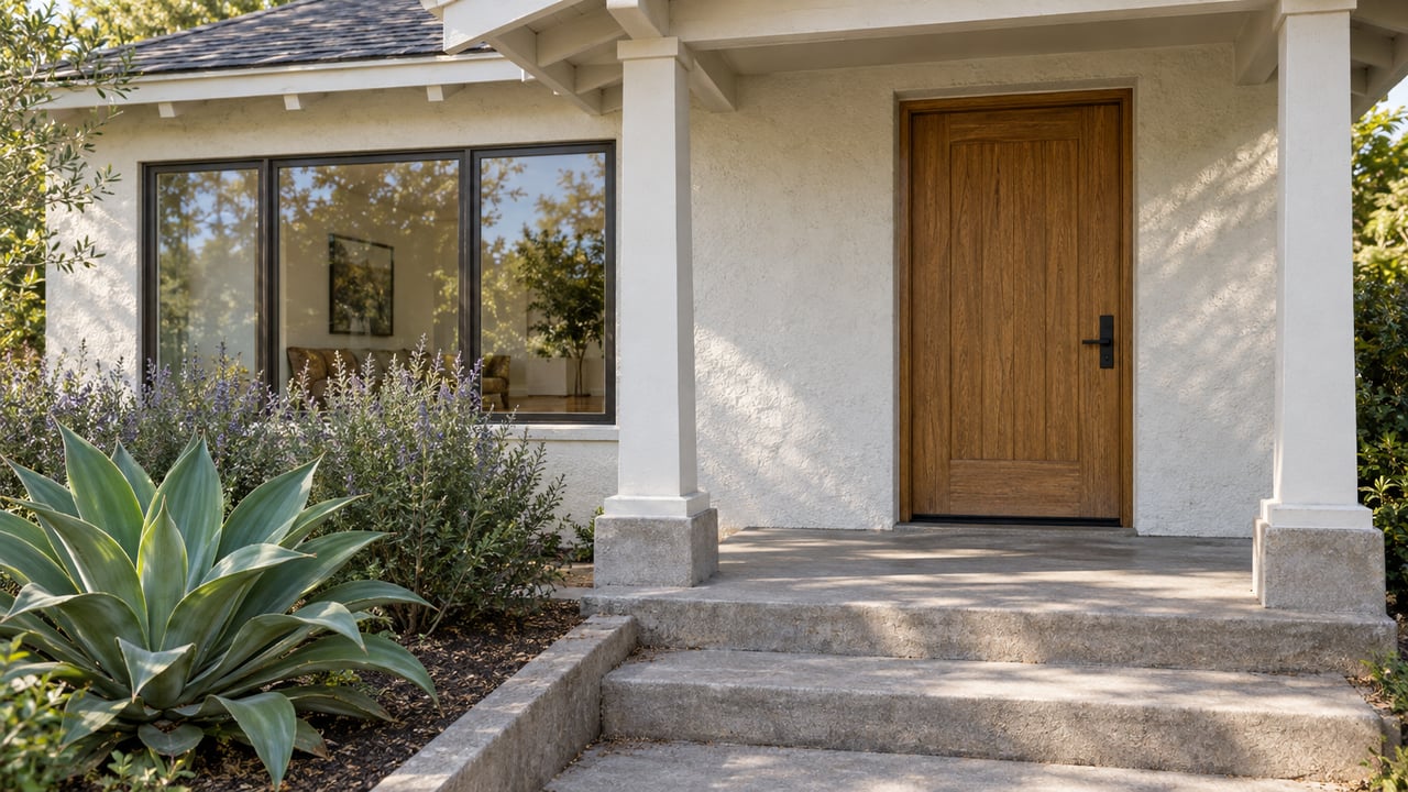 Sunlit stucco home entry with an oak door, broad bronze-framed window, worn concrete steps, and sculptural agave planting.