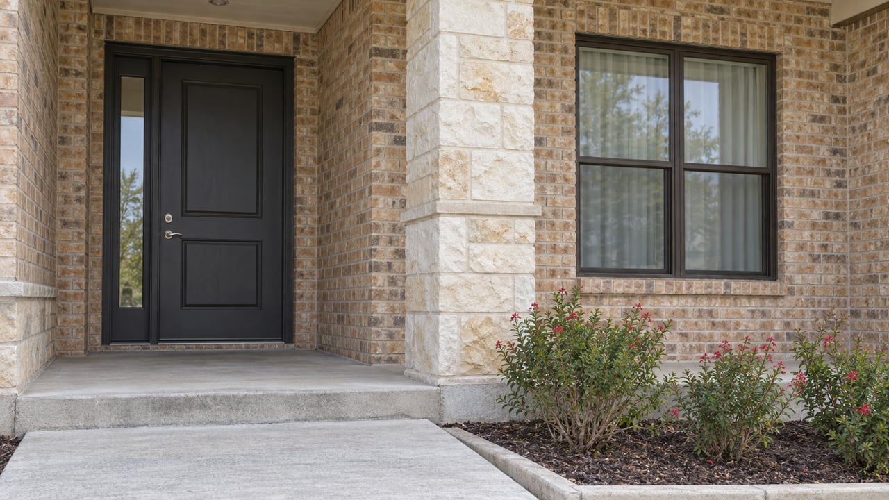 Buff brick home entrance with a charcoal door, cream limestone pier, closed window and red-flowering sage beside a concrete approach.