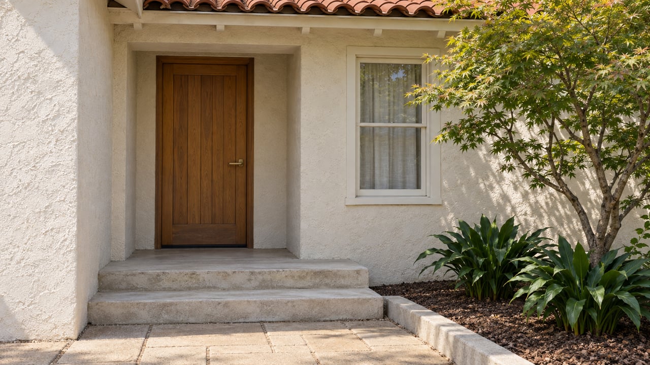 Cream stucco home entry with a closed oak door, clay roof tiles, pale concrete steps and a Japanese maple beside the approach.