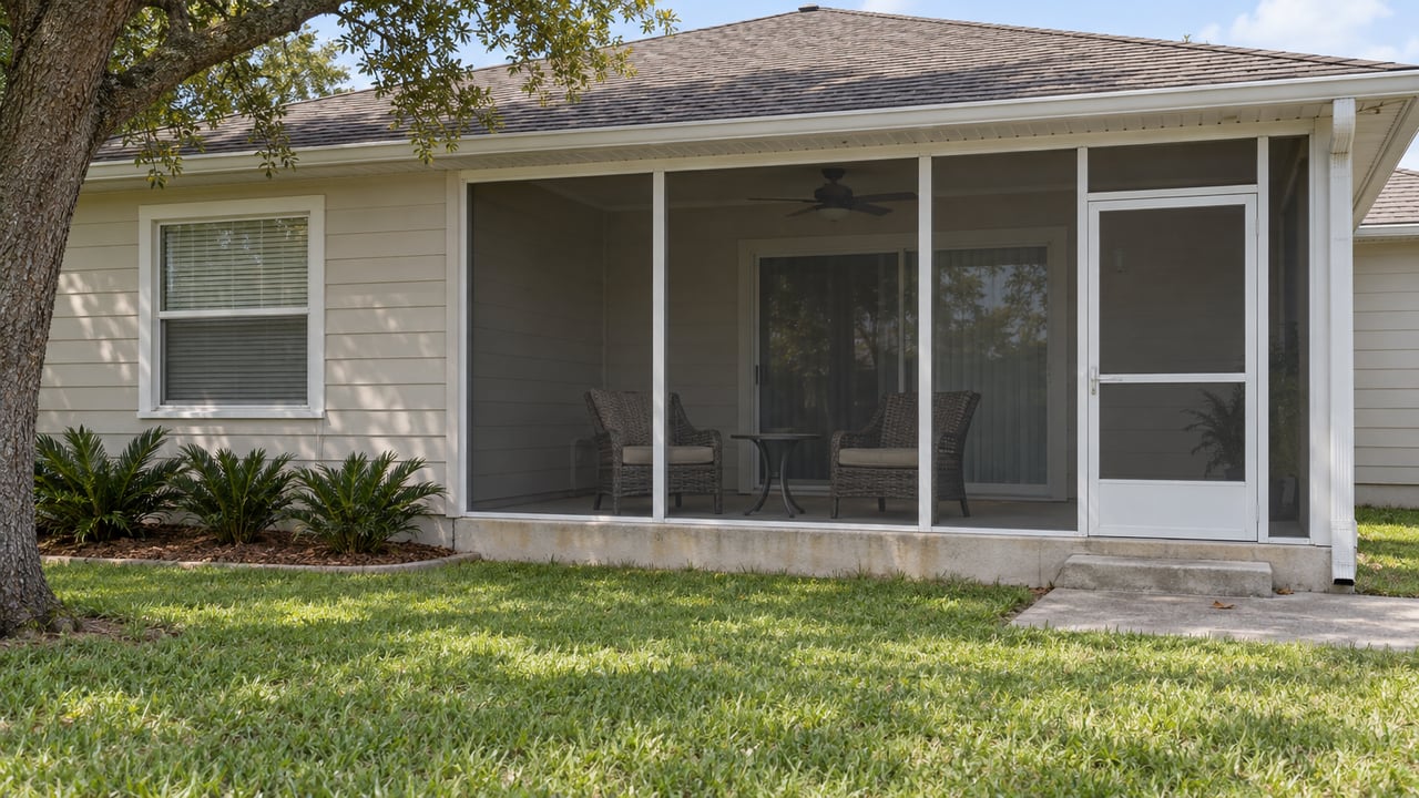 A pale-sided single-story home with a screened rear porch, weathered concrete landing and sunlit lawn beneath a spreading oak limb.