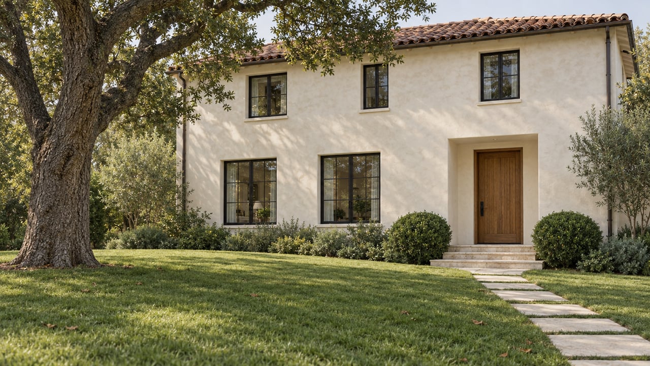 Two-story ivory stucco house with a terracotta roof, set beyond a broad lawn and limestone path beneath a mature tree.