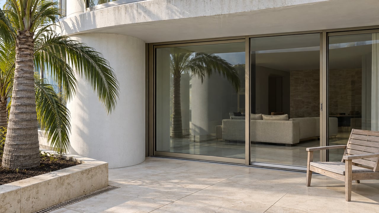 Curved white residential facade with closed glass terrace doors, pale porcelain paving and a sculptural palm in a limestone-edged bed.