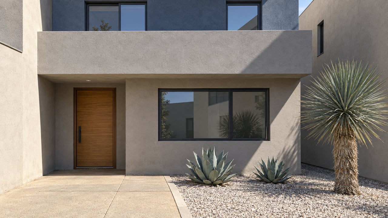 A compact two-story home with blue and warm-gray stucco, charcoal window frames and sculptural desert planting beside a concrete entry path.