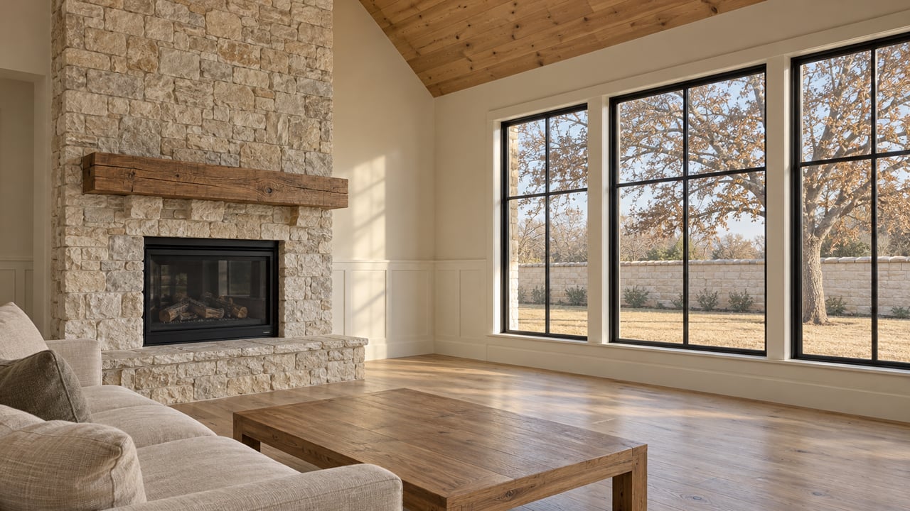 Vaulted great room with oak ceiling, limestone fireplace, linen sofa and black-grid windows overlooking a broad lawn.