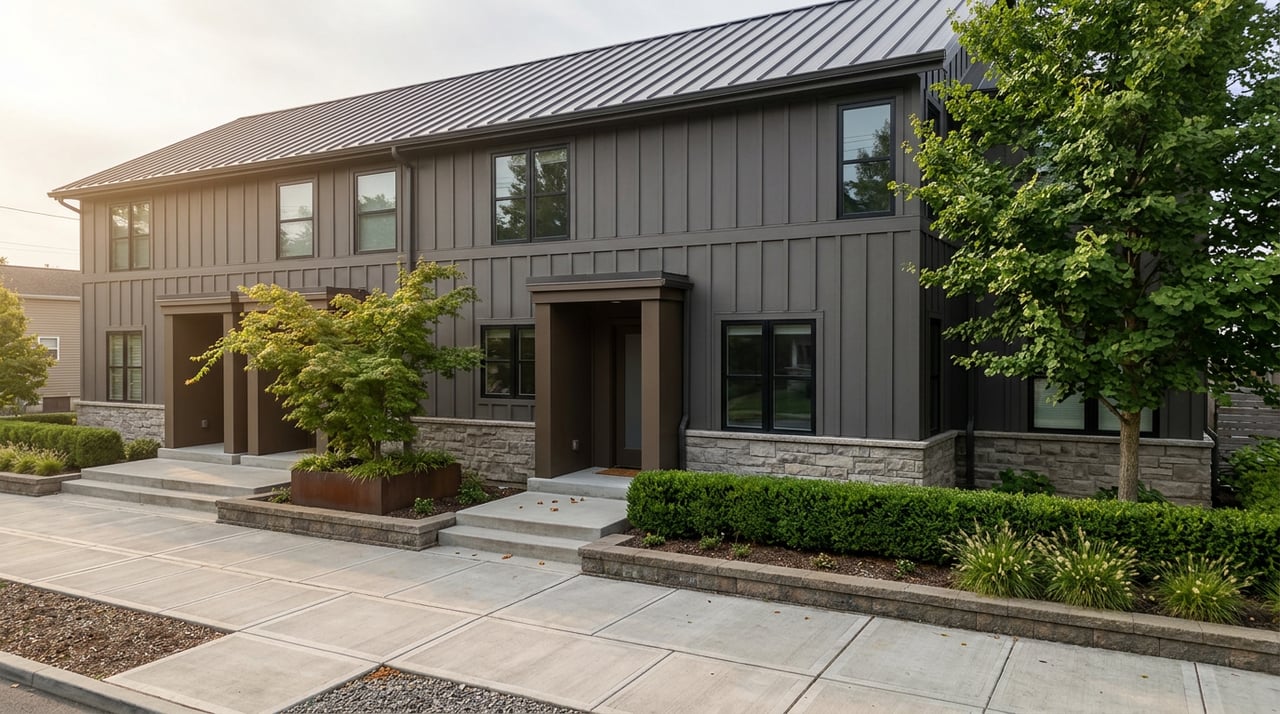 Four-unit charcoal-gray infill building with stone base, four entry alcoves, and leafy sidewalk plantings.