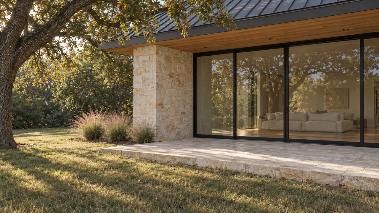 Stone rear terrace with black-framed glass panels reflecting an oak canopy, beyond a lawn.