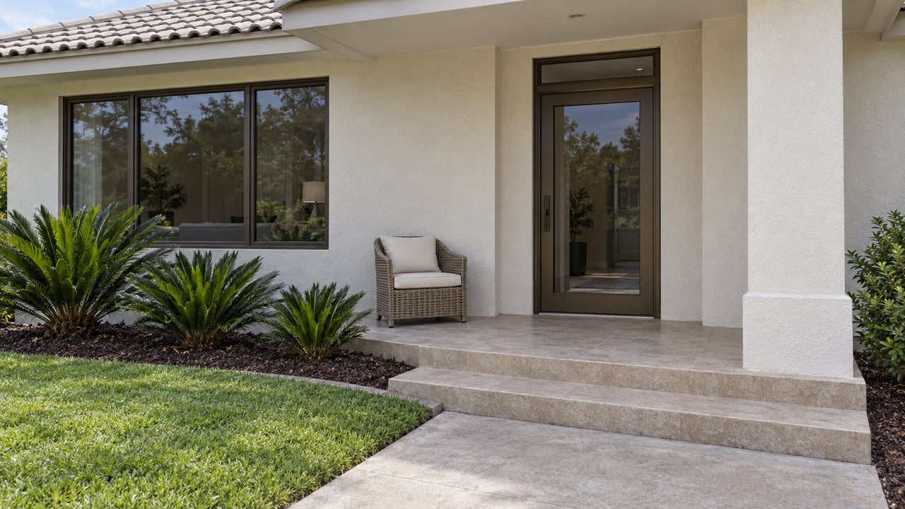 Ivory stucco home with a shaded glazed entrance, pale tiled steps, woven porch chair and coontie planting beside a green lawn.