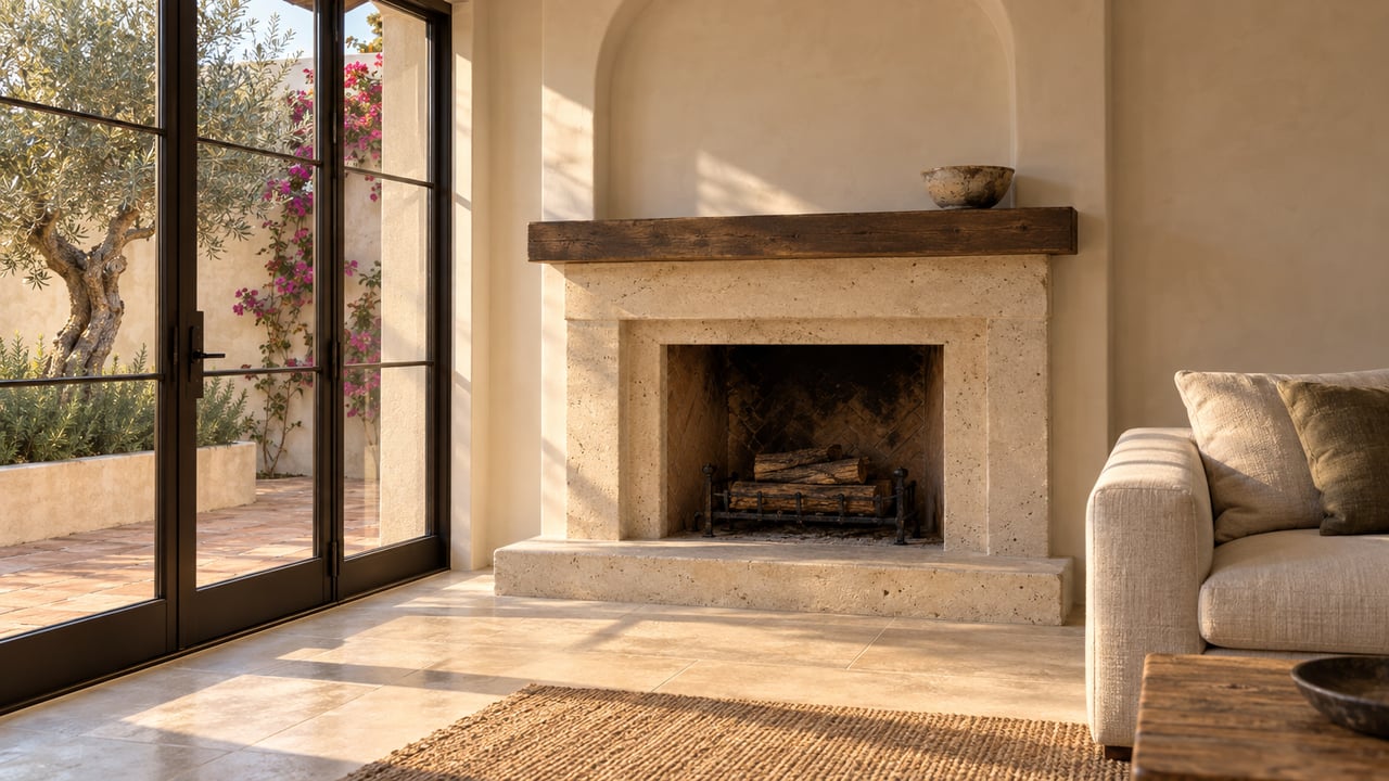Living room with a limestone fireplace, closed glass courtyard doors, and an olive tree beyond.