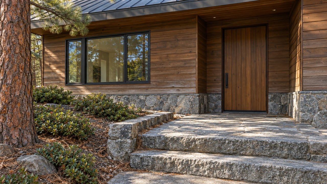 Cedar-clad home entry with a dark-framed window, granite steps and landing, and bearberry beside a ponderosa pine.