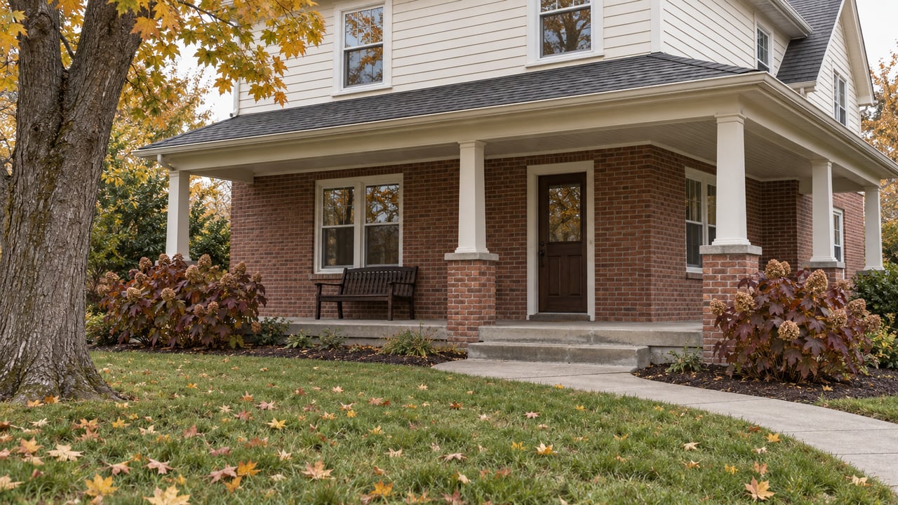 Brick-and-clapboard home with a covered wraparound porch, autumn sugar maple and deep green side lawn.