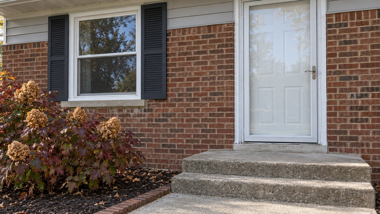 Close view of a modest home's brick entry, closed storm door, shuttered window and autumn oakleaf hydrangea beside concrete steps.